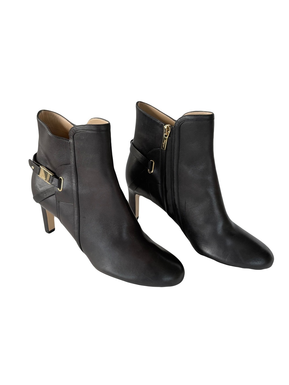 Salvatore Ferragamo Black Saddle Soft Leather Ankle Boots Gold Buckle 6.5 B